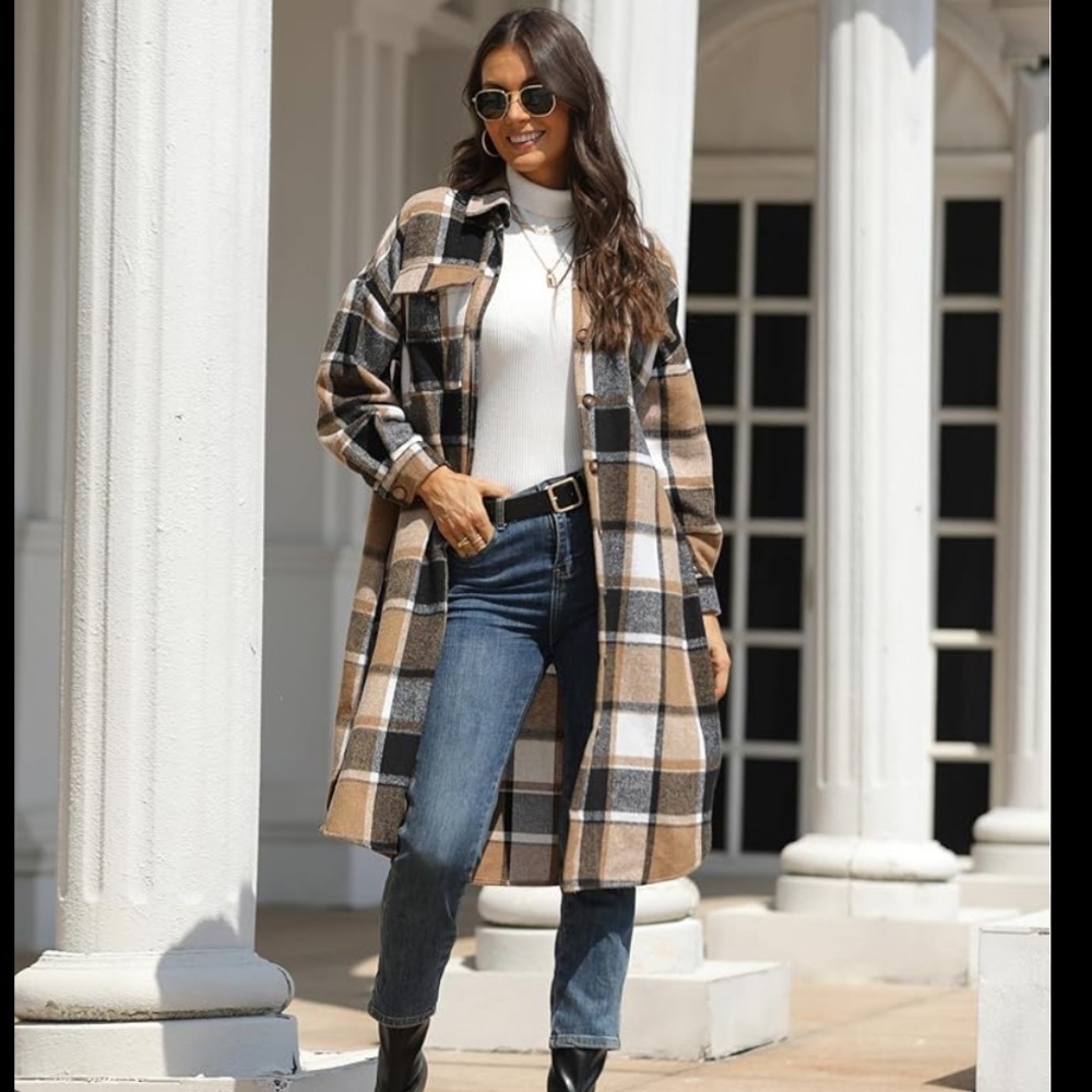 Plaid Longline Jacket - Brown and Cream